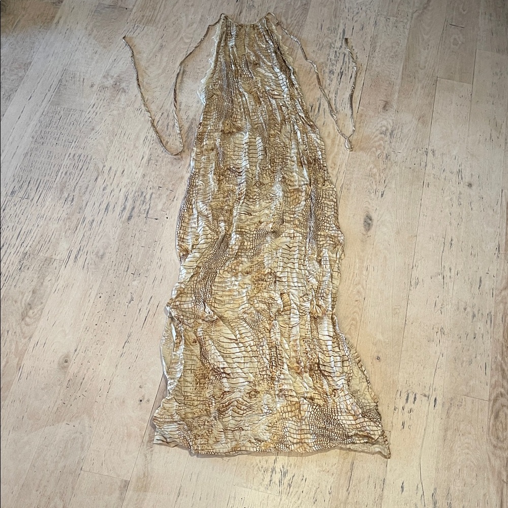 Aakaa Lace-Trimmed Brown Patterned Low Back Halter Dress